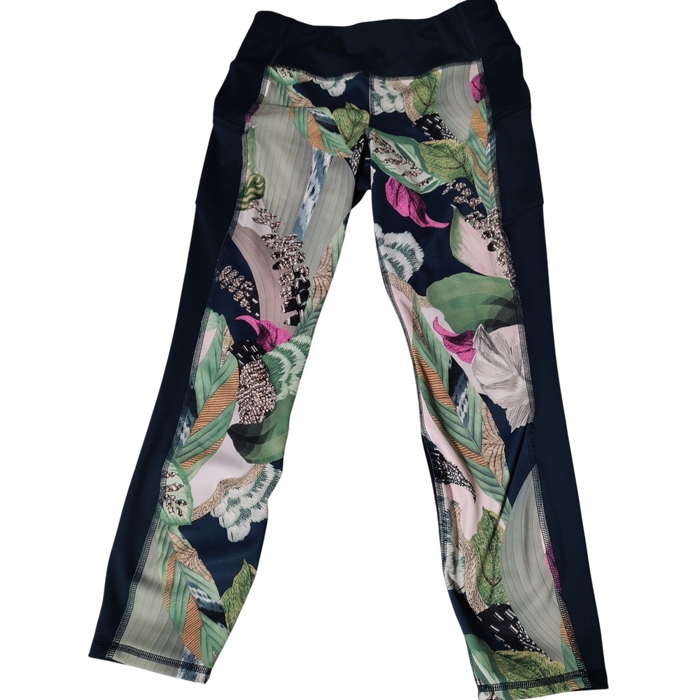 Athleta Womens Tropical Floral Print Leggings Teal Green Pink Size M (26"x24")